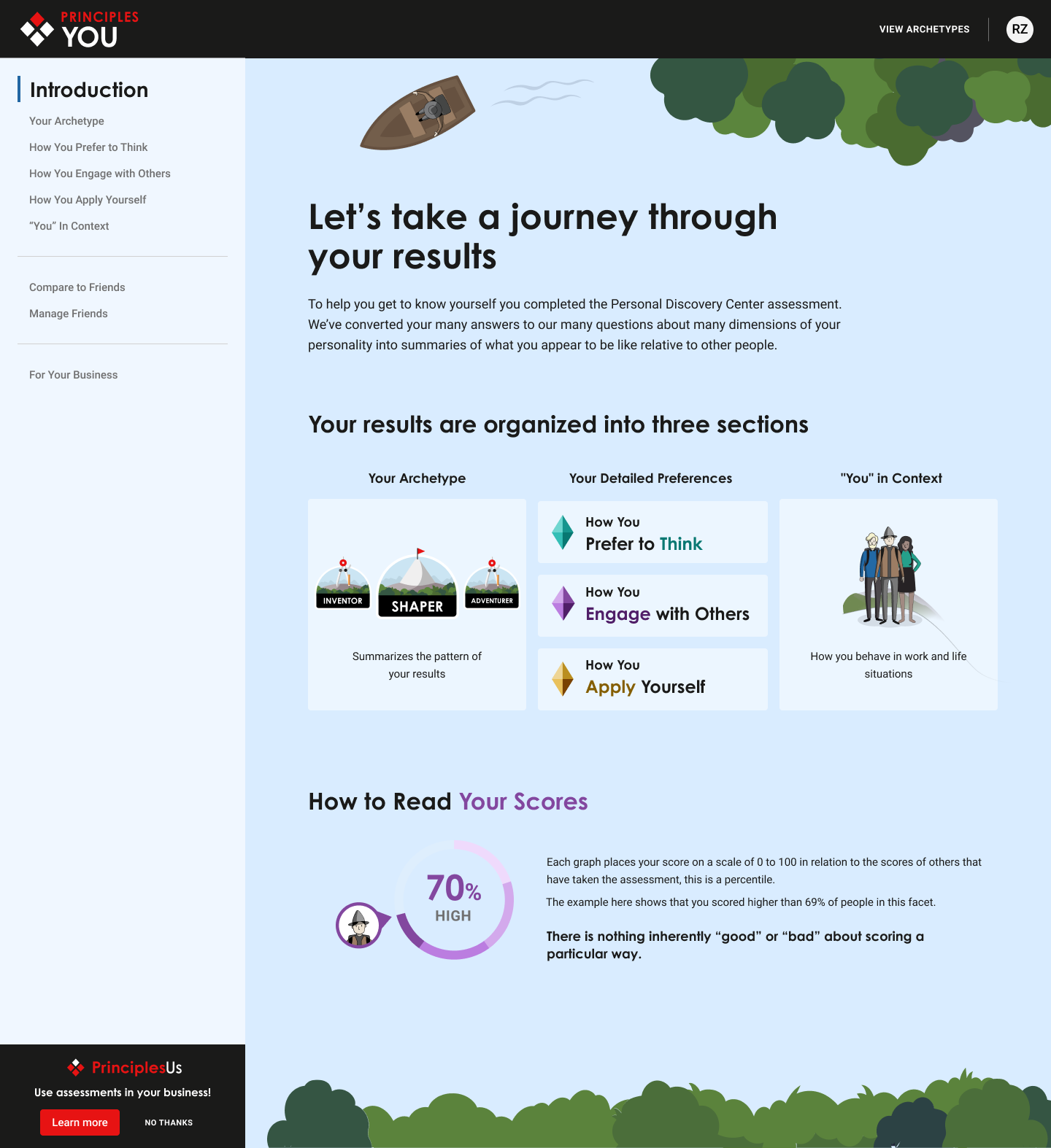 PrinciplesYou landing page featuring archetype examples and how users are categorized based on results