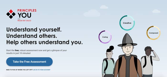 Landing page of PrinciplesYou.com, featuring an image of three illustrated explorers. 