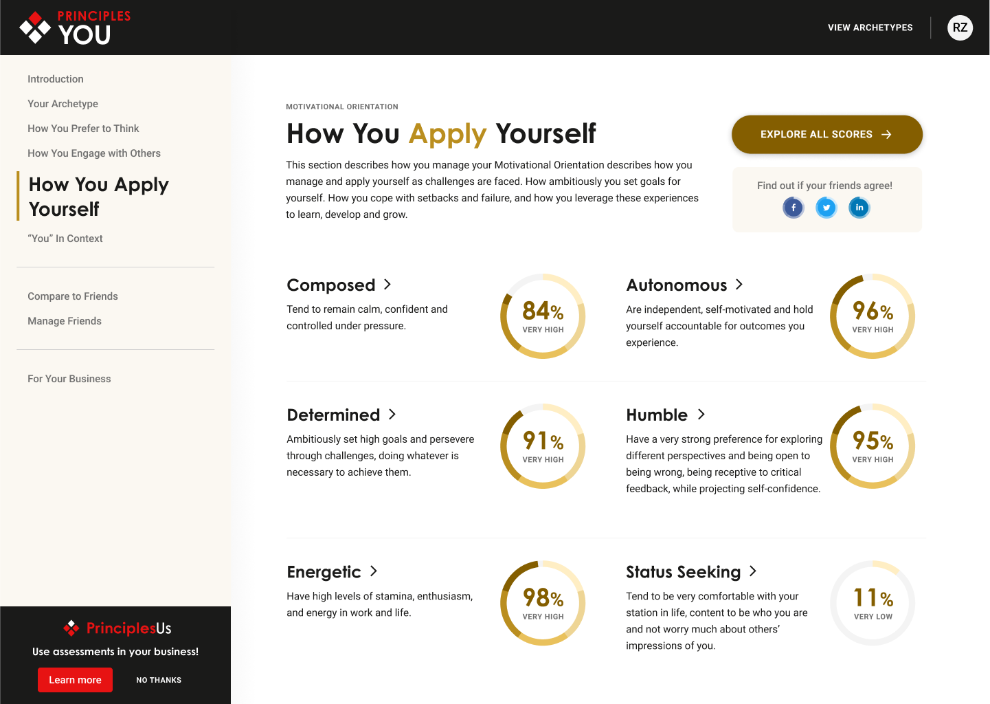 Example of PrinciplesYou results, featuring a comprehensive breakdown of traits