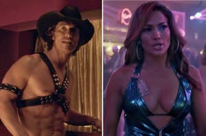 Side-by-side of Matthew McConaughey in "Magic Mike" and Jennifer Lopez in "Hustlers"