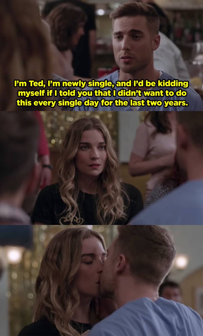 Ted introducing himself to Alexis at her singles mixer, he tells her he's newly single and has been wanting to kiss her for the past two years, then they kiss.