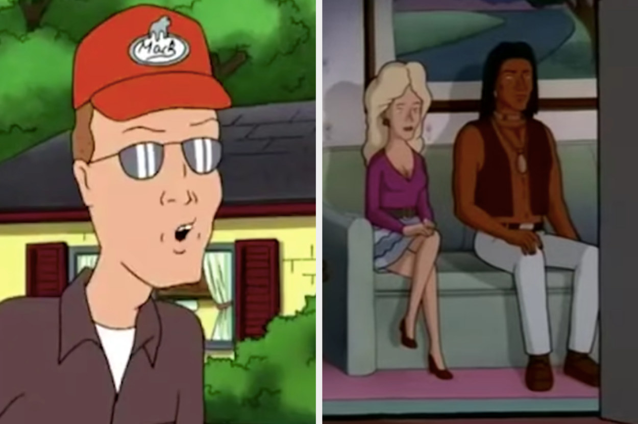 Side by side of Dale talking and Nancy and John Redcorn sitting on a couch watching TV in &quot;King of the Hill&quot;