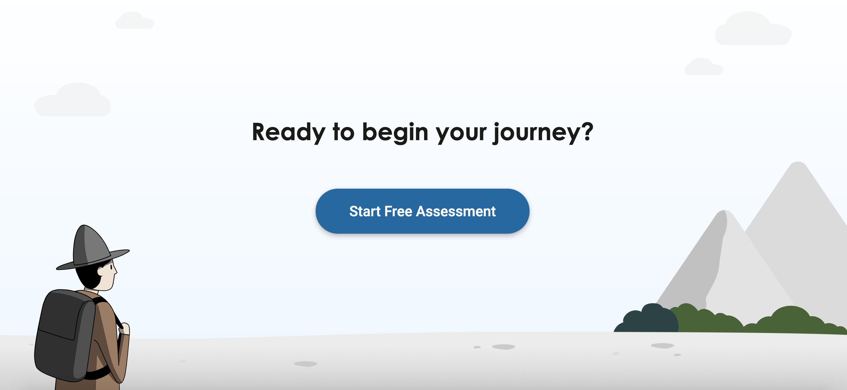 Image of traveler beside a question asking, &quot;Ready to begin your journey?&quot;
