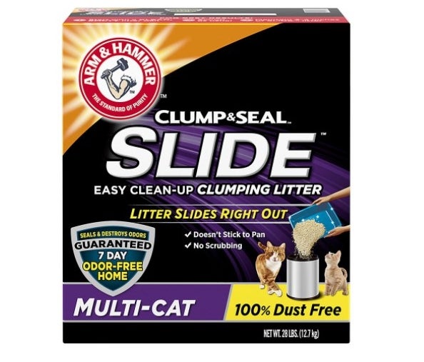 The Arm &amp;amp; Hammer clumping litter box in orange, black, and purple
