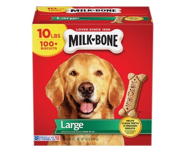 The 10 lb pack of large milk-bone treats in a red box