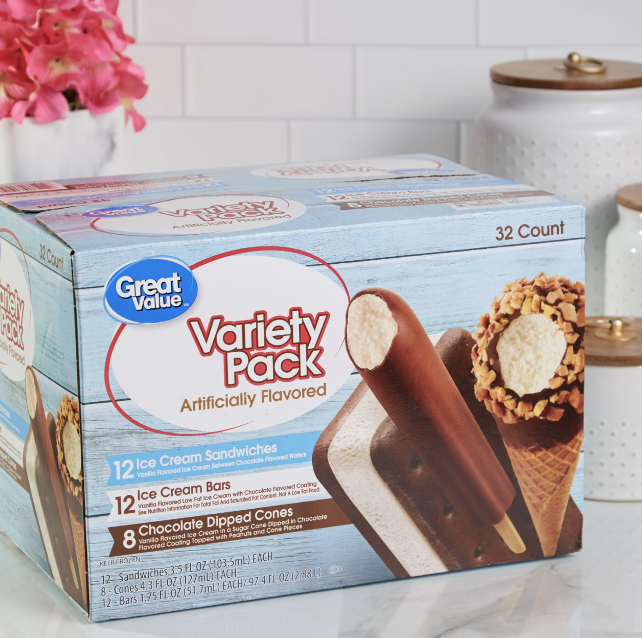 Box of Great Value variety pack of ice cream treats