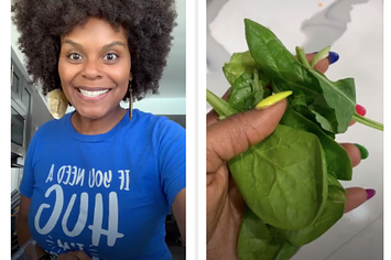 Tabitha Brown wears a bright blue shirt alongside a picture of her hand holding uncooked spinach. 