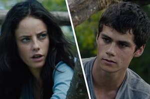 Dylan O'Brien as Thomas and Kaya Scodelario as Teresa in the movie "The Maze Runner: The Death Cure."