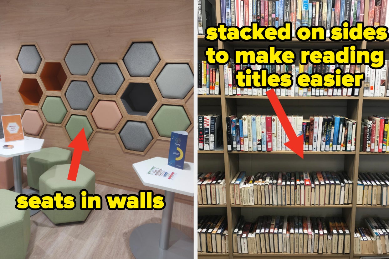 A library wall with ottomans stored in the walls and the lower shelves of books stacked on their sides to make reading the titles easier