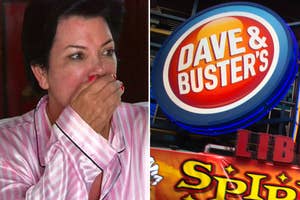 Kris Jenner looking shocked, and a Dave & Busters sign