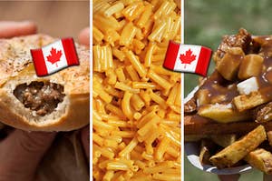 Meat pie is on the left, Kraft mac and cheese in the center, and poutine on the right with Canadian flag emojis surrounding it