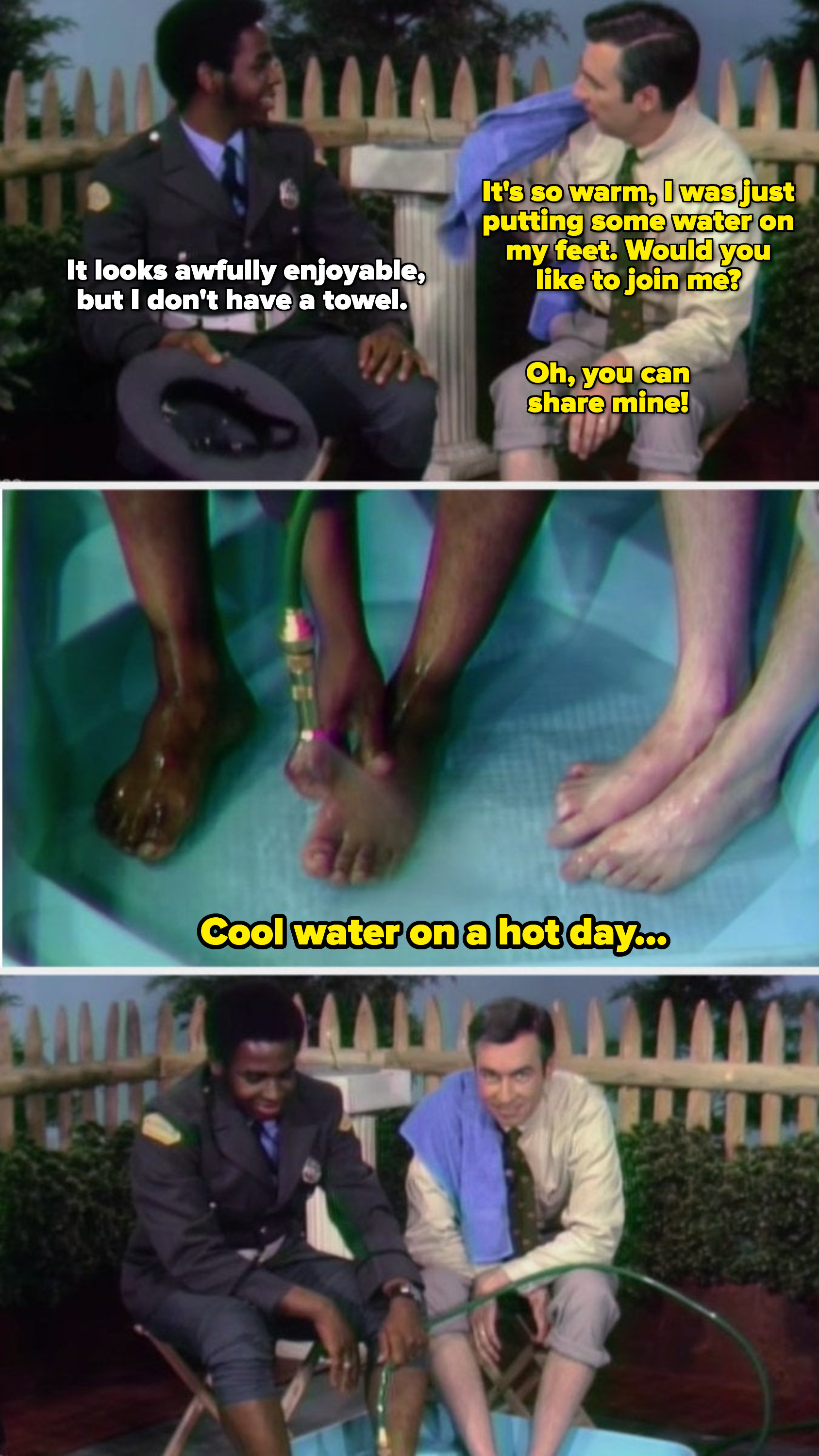 Mister Rogers and Officer Clemmons washing their feet together in the same pool, and sharing the same towel
