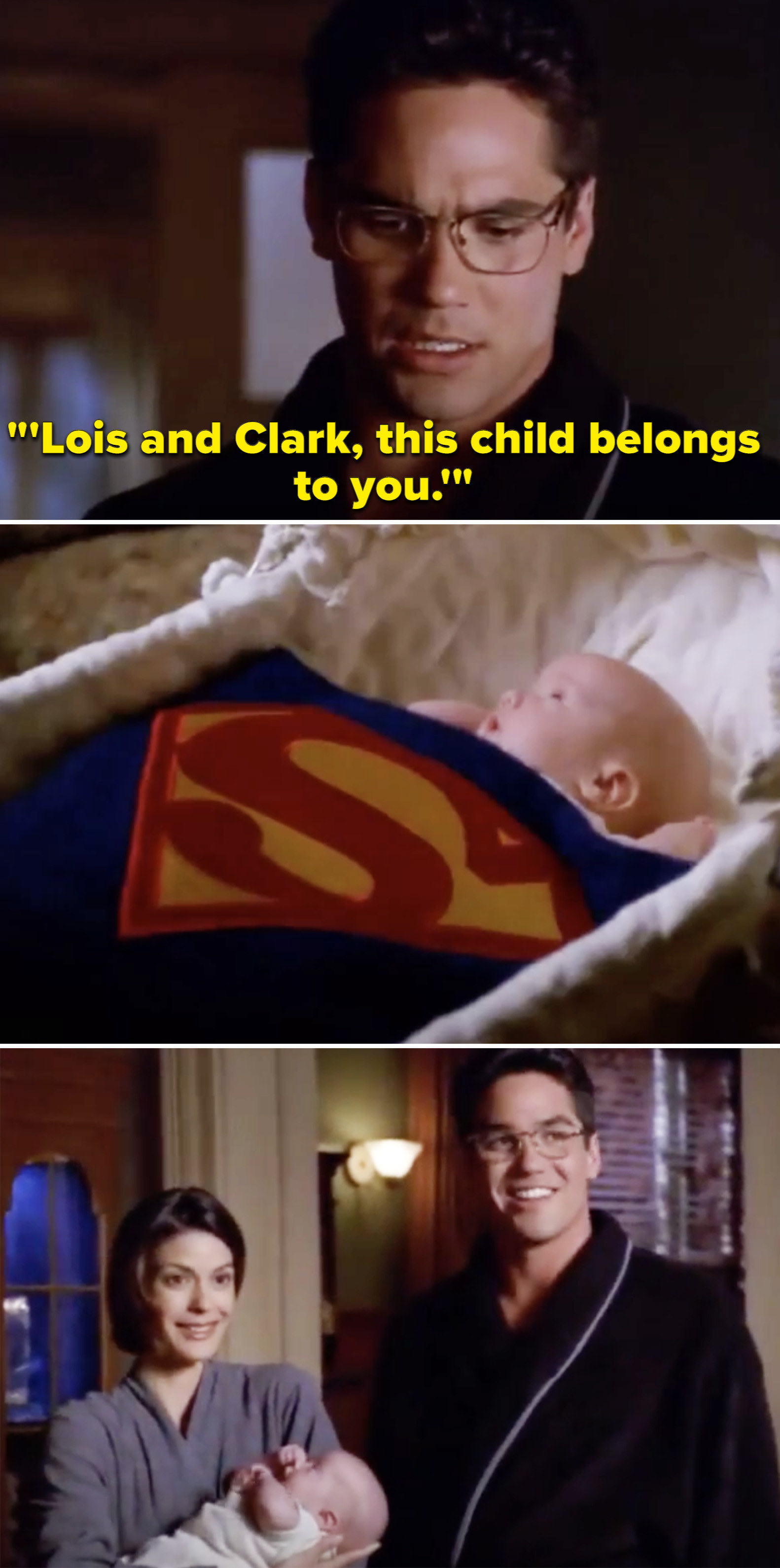 Clark reading a letter that was left with the baby that says, &quot;Lois and Clark, this child belongs to you&quot;