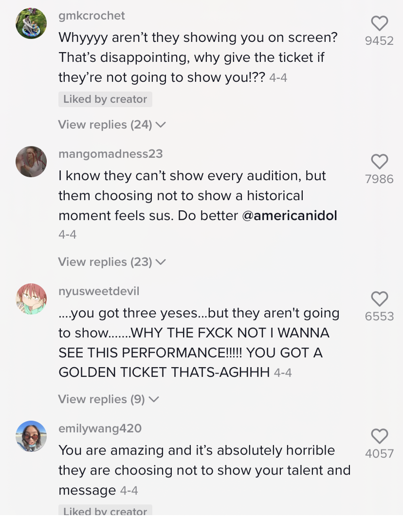 TikTok comments read "you are amazing and it's absolutely horrible they are choosing not to show your talent and message"