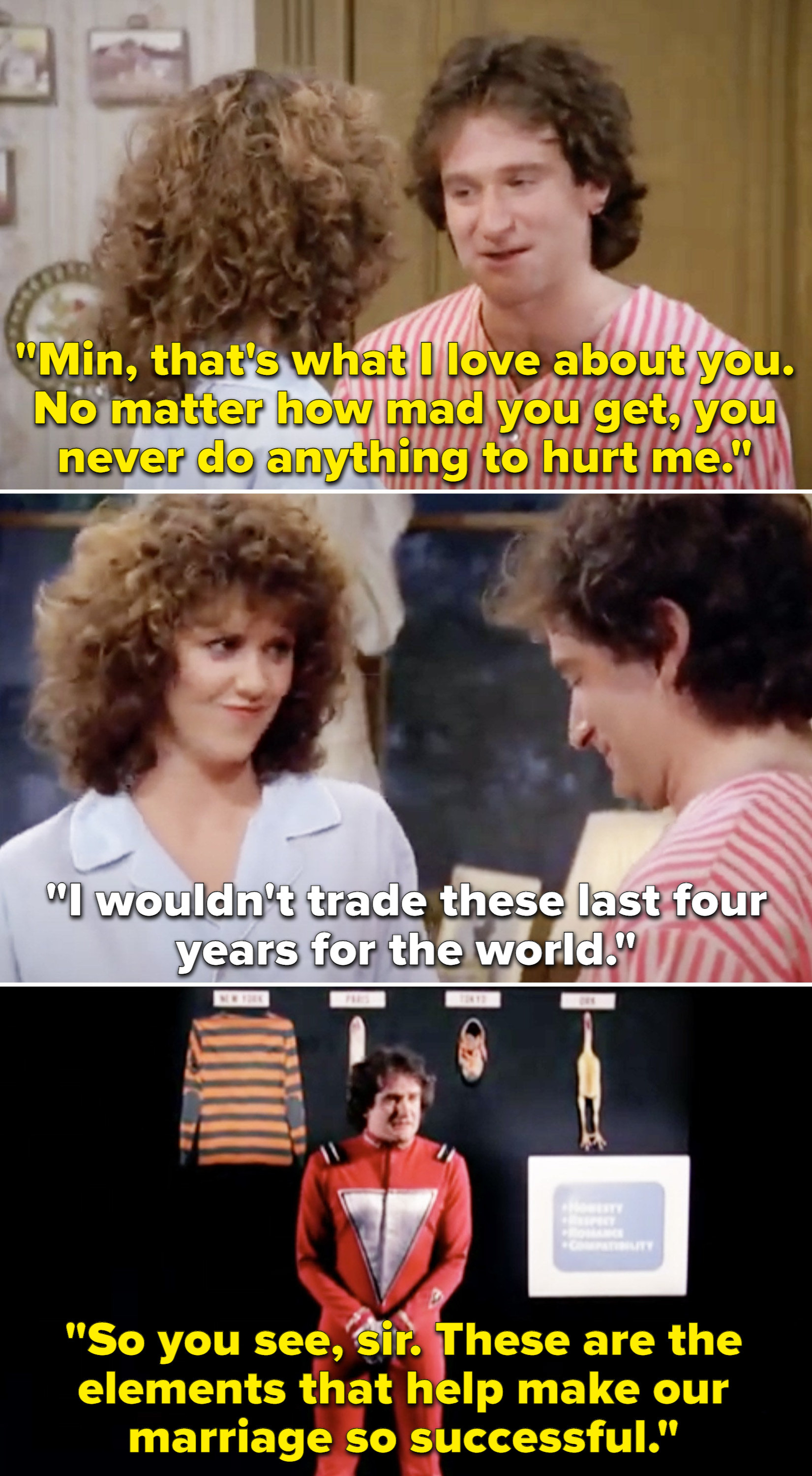 Mork and Mindy telling each other they love one another and Mork reporting back to his planet