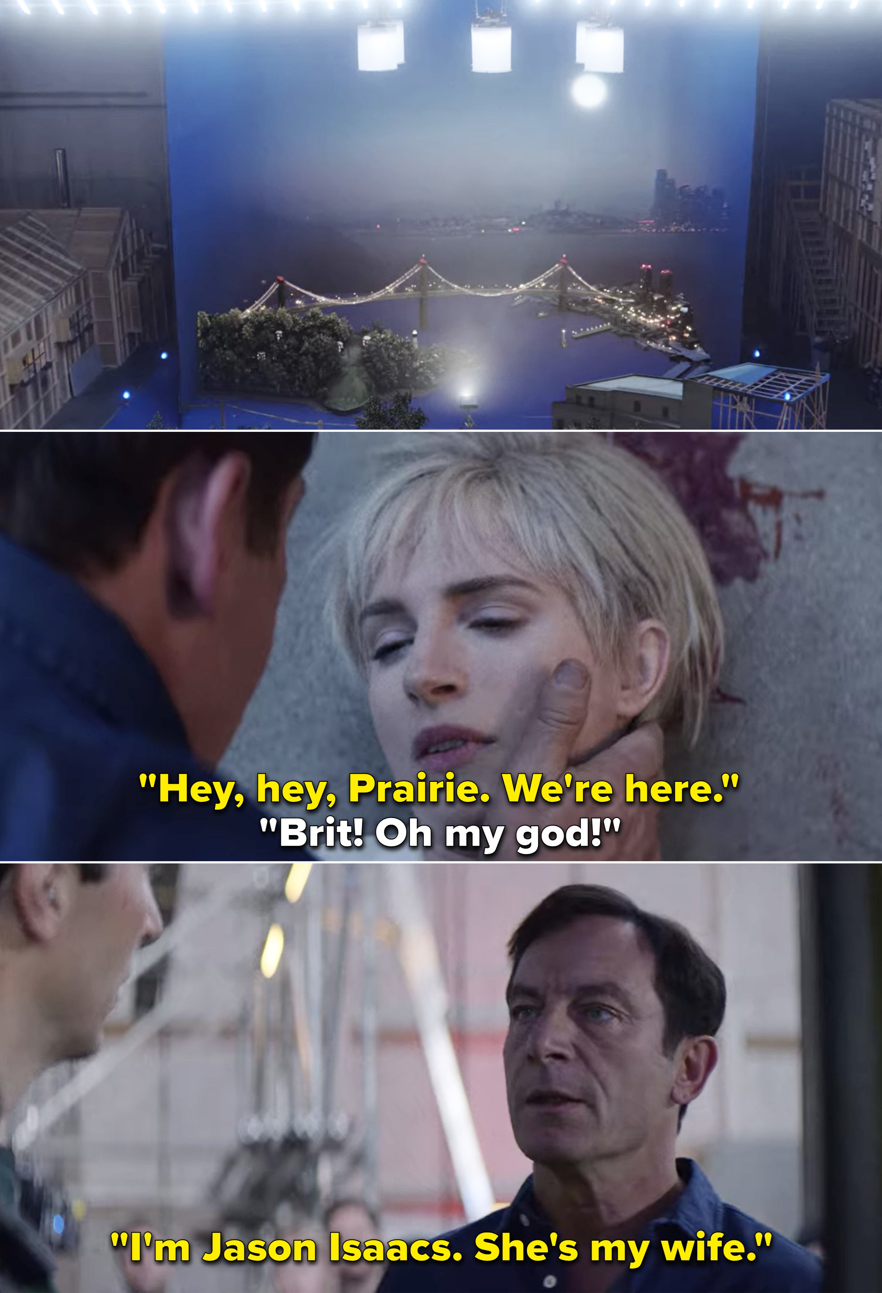 Hap saying, &quot;Hey, hey Prairie. We&#x27;re here&quot; and &quot;I&#x27;m Jason Isaacs. She&#x27;s my wife&quot;