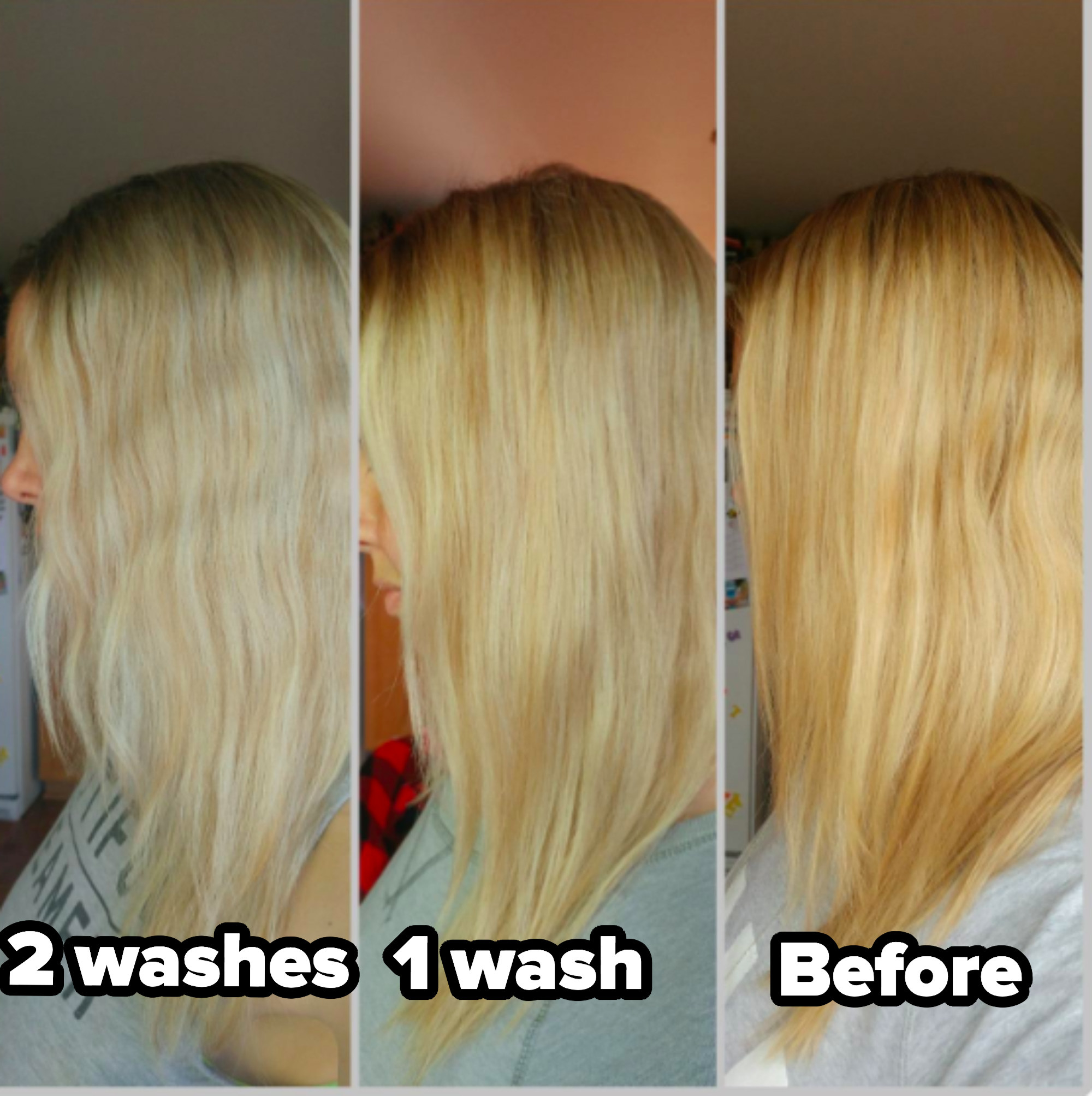 From right to left: A reviewer&#x27;s hair looking very yellow (before), their hair lighter (1 wash), and finally their hair looking more platinum blonde (2 washes)