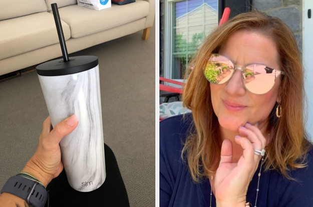 insulated tumbler on the left and a person wearing sunglasses on the right