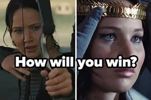 Katniss in the arena and being coronated as Victor