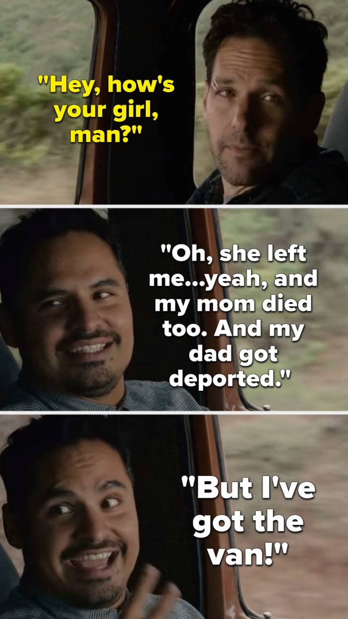 luis telling scott lang about how his girlfriend left him, his mother died, and his father got deported, but at least he still has his van!