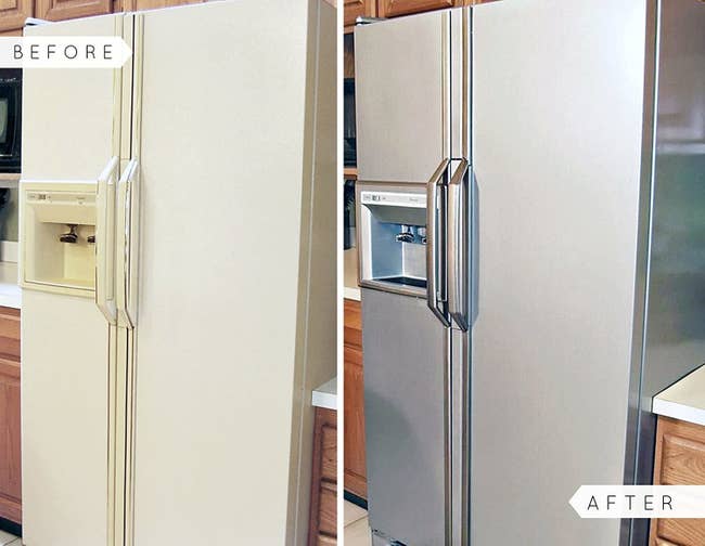 white fridge as a before and the same fridge painted to look like convincing stainless steel