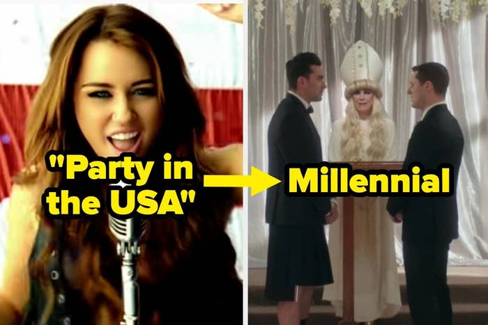 &quot;Party in the USA&quot; over Miley, an arrow, and &quot;Millennial&quot; over a wedding 