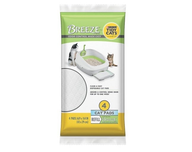 The pack of Breeze litterbox cat pad refills in blue white and yellow packaging