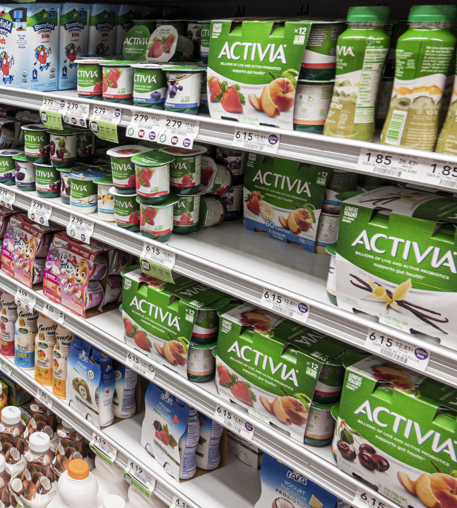 Shelves full of Activia in a grocery store