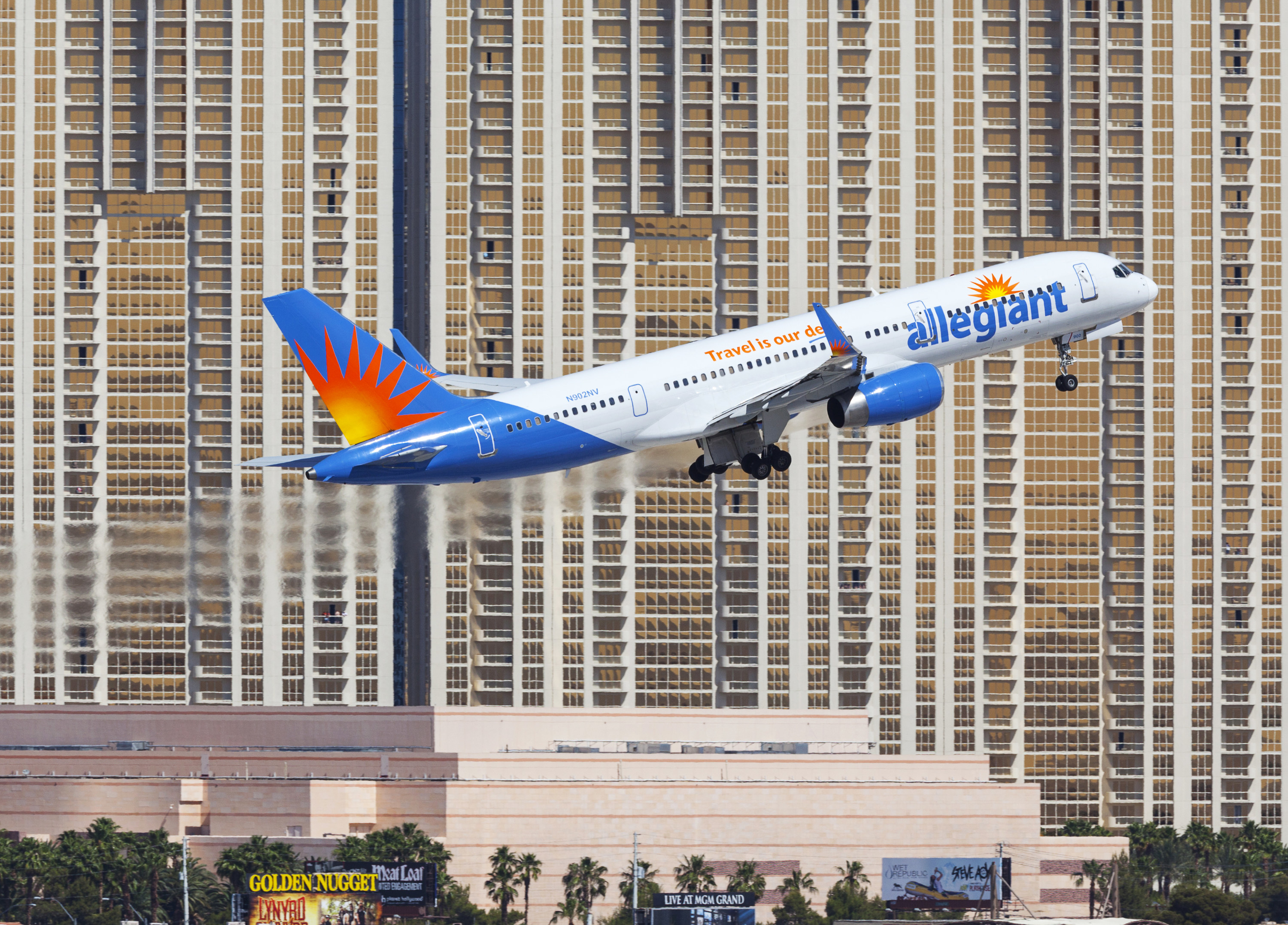 An Allegiant Airlines plane taking off from an airport