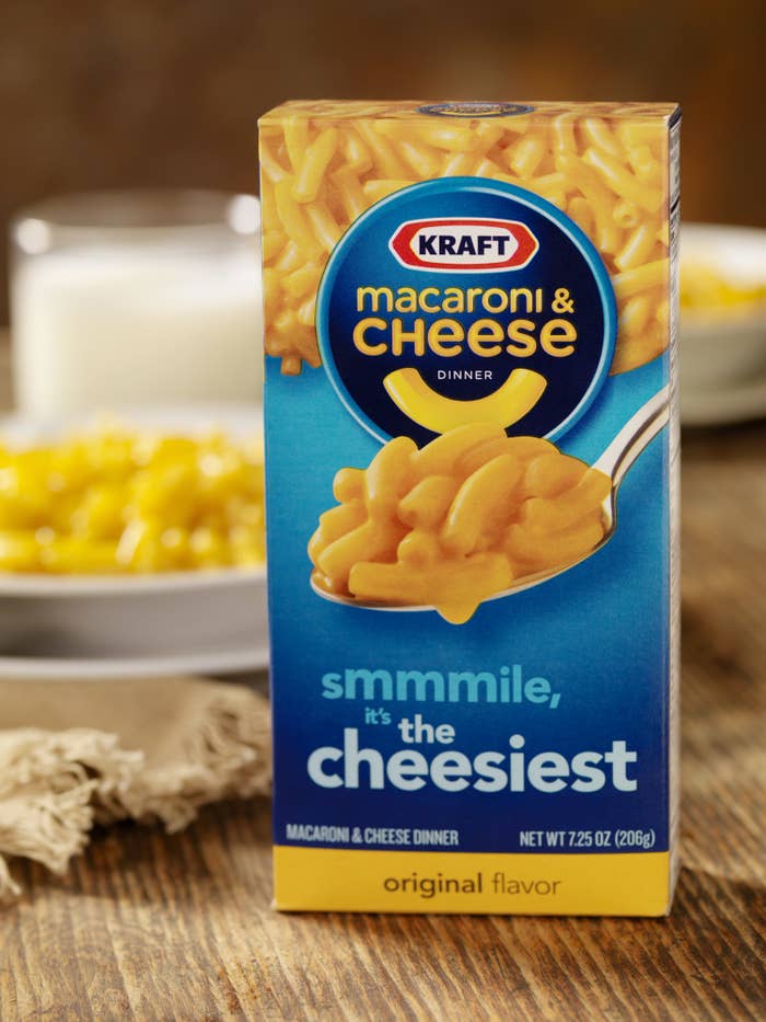 A box of Kraft&#x27;s Macaroni and Cheese on a table