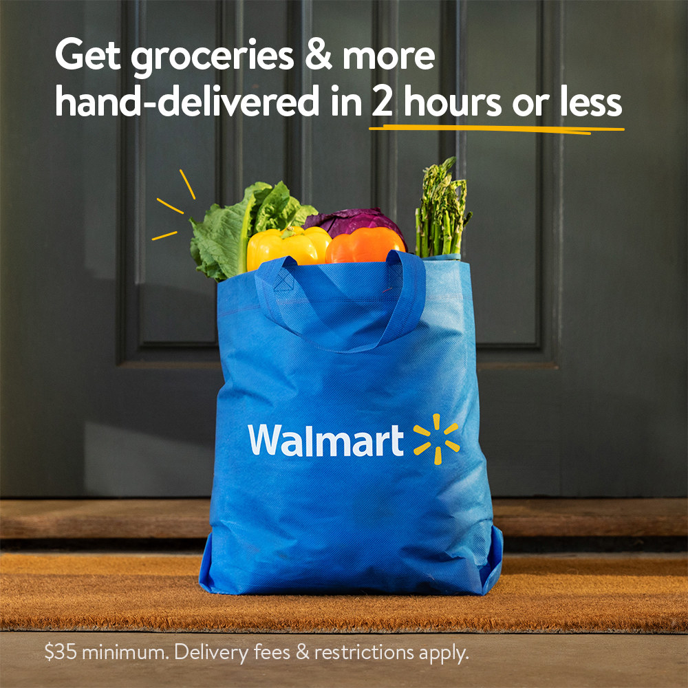Walmart bag filled with groceries and placed on doorstep