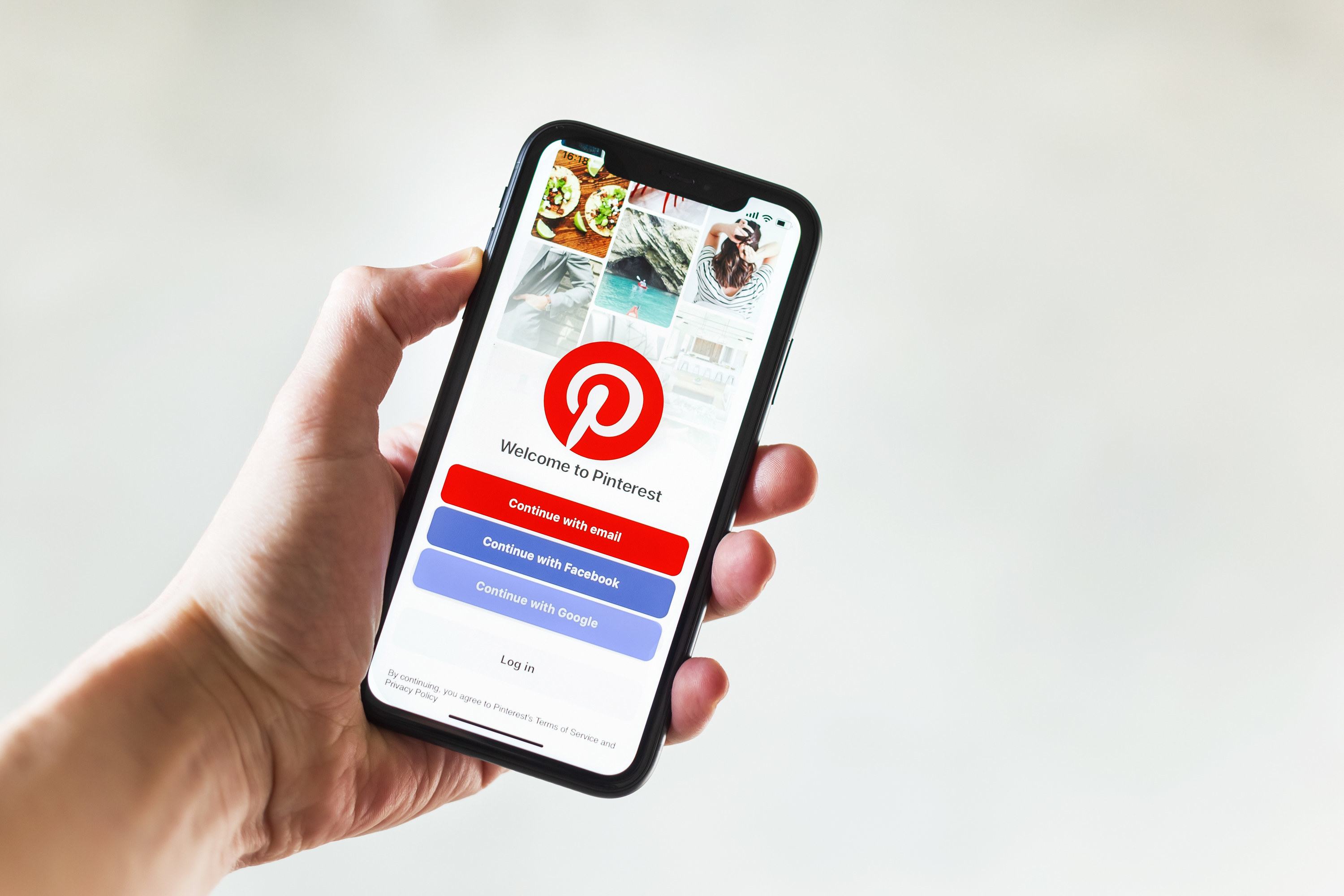 The Pinterest mobile log-in page on a smartphone