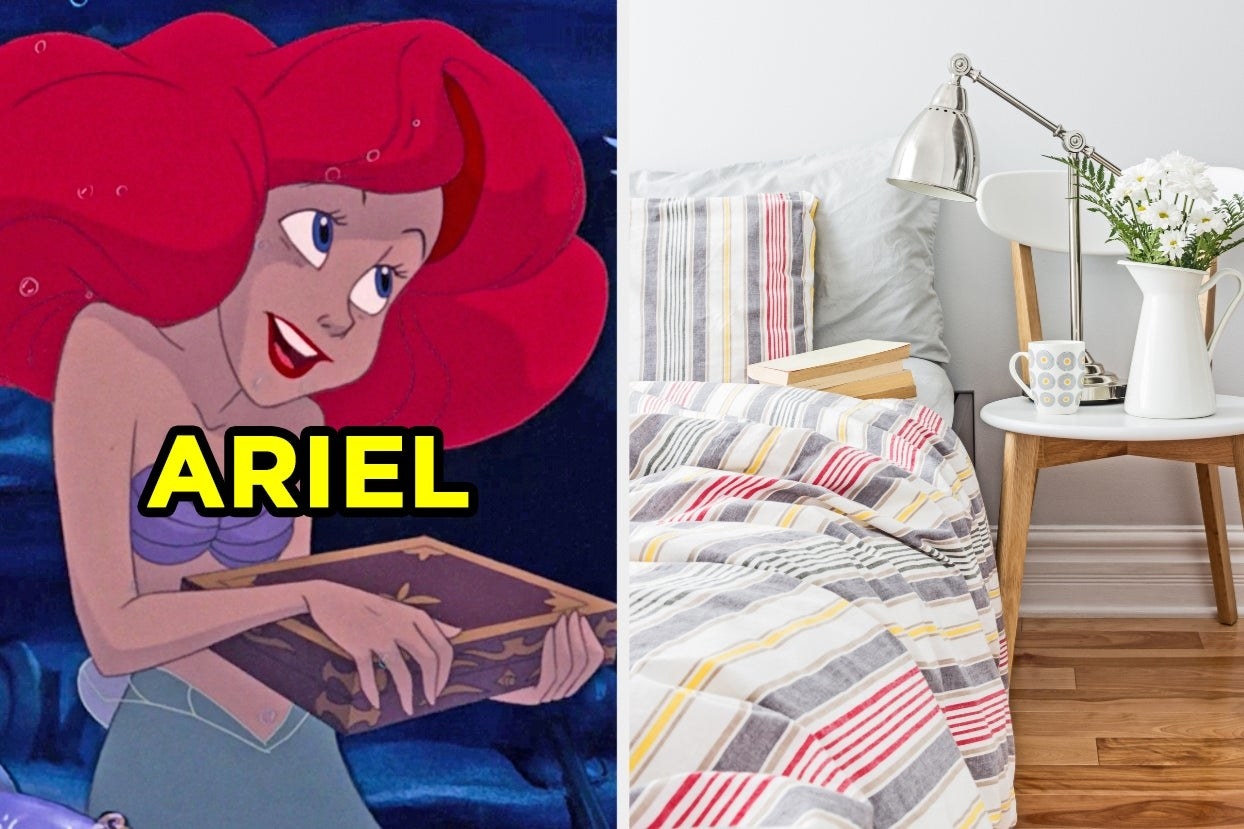 Ariel and bedroom with striped bedspread 