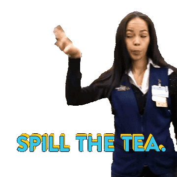 Walmart associate raising hand to ear with caption saying &quot;spill the tea&quot;