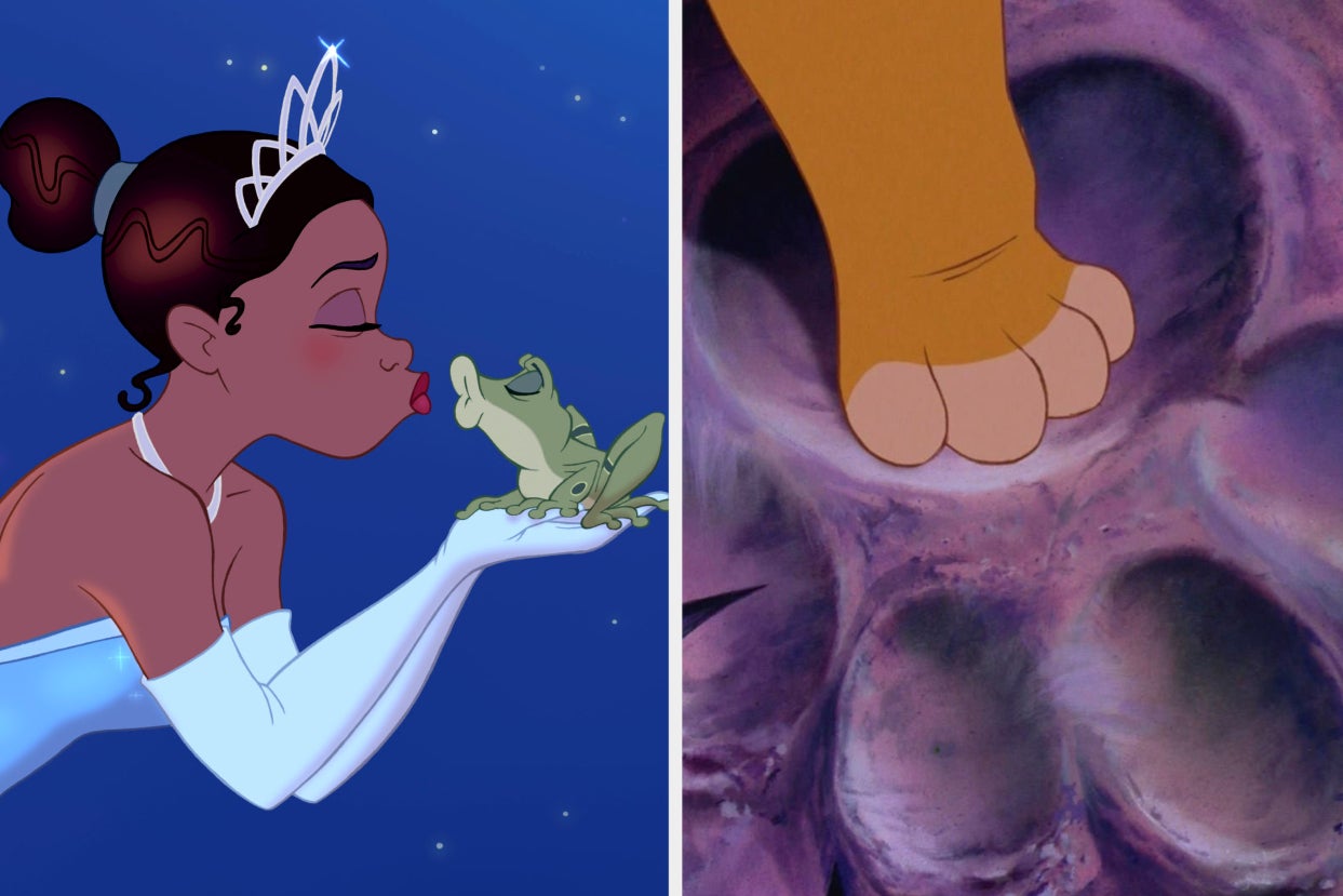 Tiana about to kiss a frog side by side with Simba stepping into his father's paw print