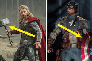 Thor holding Mjolnir, Captain America holding his shield