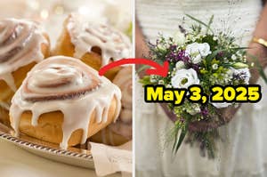 Cinnabon rolls next to a bride holding a bouquet with the date: "May 3, 2025"