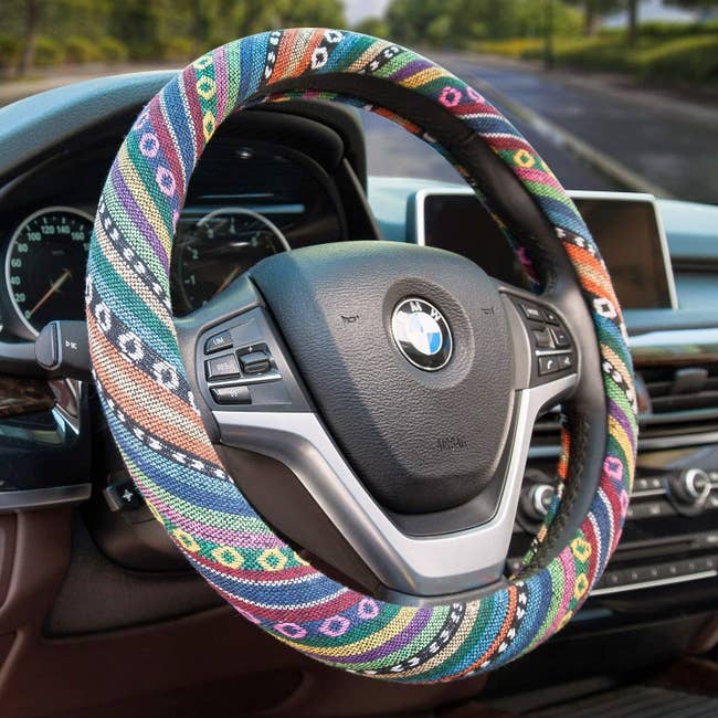 the multicolored cover on a steering wheel
