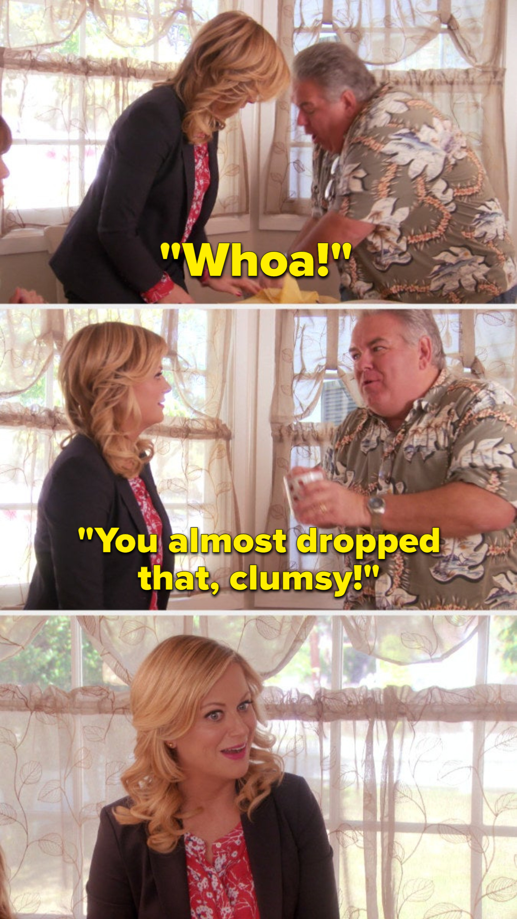 Jerry catching the cup and joking that leslie&#x27;s clumsy, and leslie being stunned