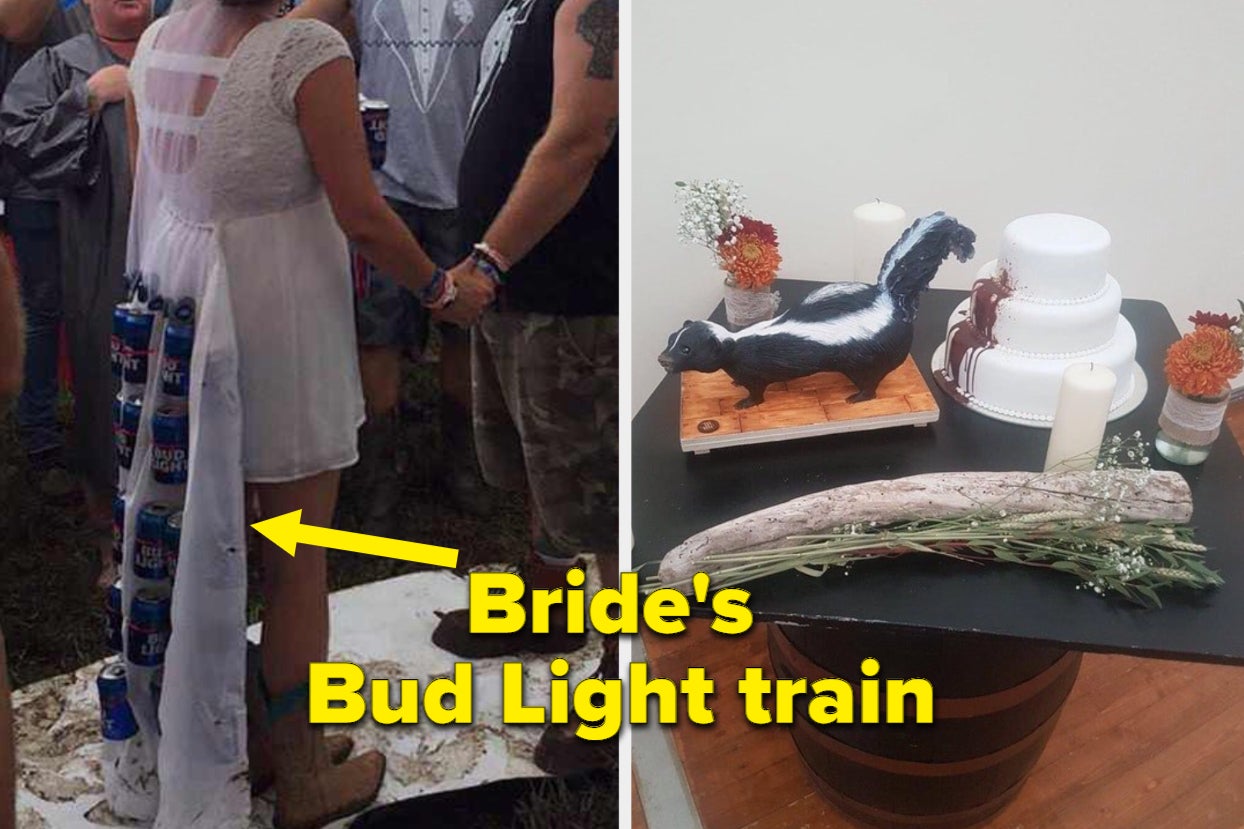 A bride's dress has a train made out of beer cans