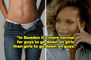 Rihanna looking amused at a woman with unzipped pants, captioned 