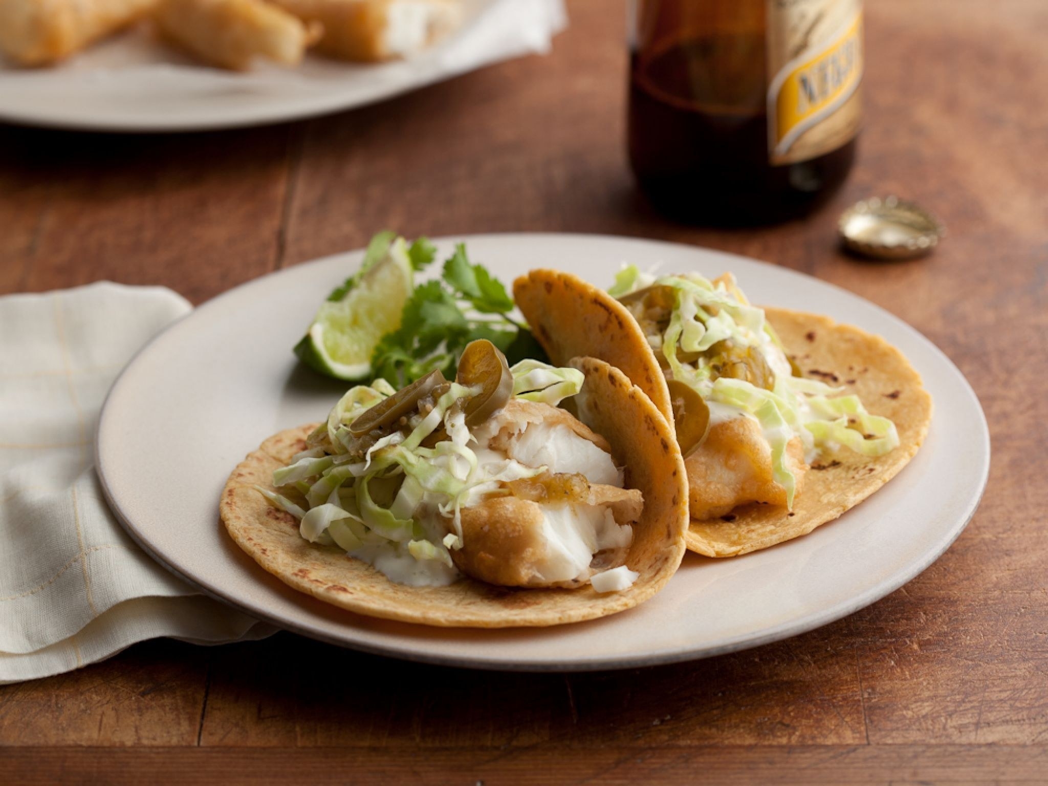 Baja style fish tacos with cabbage.