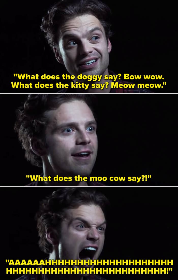 Sebastian saying, &quot;What does the moo cow say?&quot; and then screaming