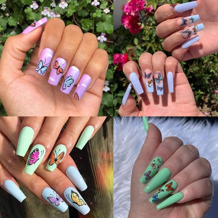 a variety of manicured nails showing off the butterfly stickers 