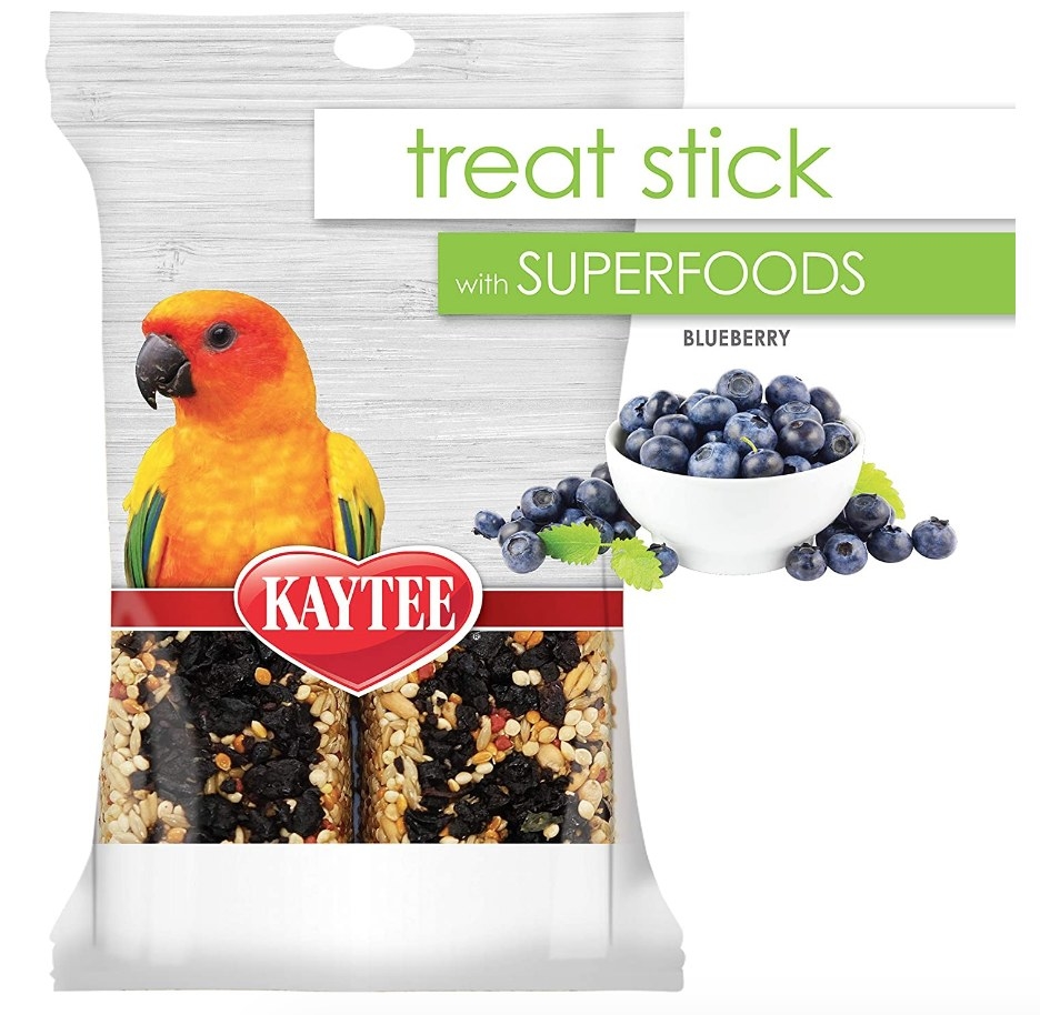 A bag of Kaytee bird treat sticks made with real blueberries 
