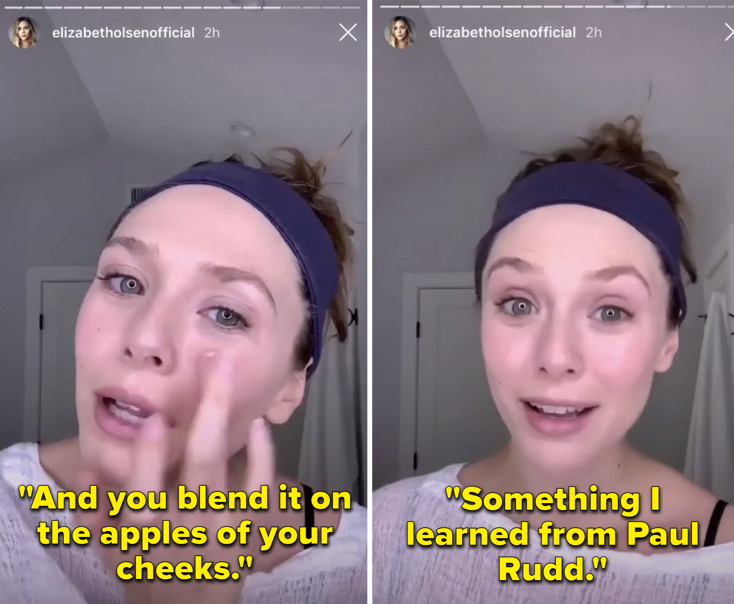Elizabeth explaining how she learned how to blend makeup on the apple of her cheeks from Paul Rudd