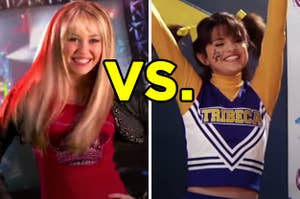 On the left, Miley Cyrus as Hannah Montana in the show's opening credits, and on the right, Selena Gomez as Alex Russo in the