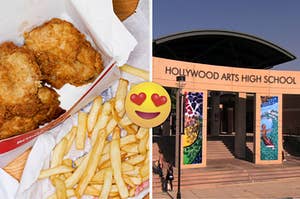 Chicken tenders in a box with fries on the side and a shot of Hollywood Arts High School from the show "Victorious."