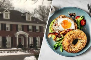The house from the movie "Home Alone" and an everything bagel with an egg, avocado, and bacon on it.