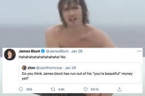 a tweet from james laughing at someone for asking if he has run out of money